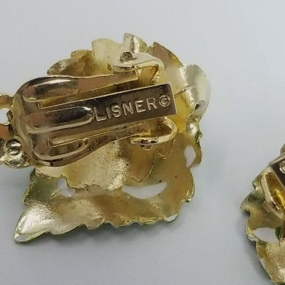 Vintage Lisner Bright Green Enamel Leaf Clip On Earrings, Signed Retro Estate - Picture 5 of 7